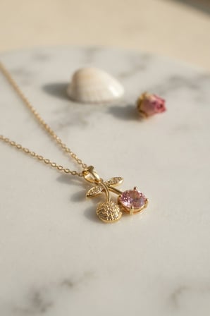 316L Çelik Zincir Gold Renk Pembe Kiraz Model Kolye TJ-BKO11190