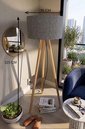 3 Ayaklı Tripod Lambader Koyu Gri Kumaş Başlık