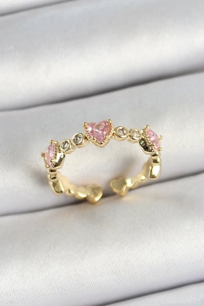 Pirinç Sıralı Kalp Figürlü Zirkon Taşlı Gold Renk Ayarlanabilir Kadın Yüzük TJ-BYK3756