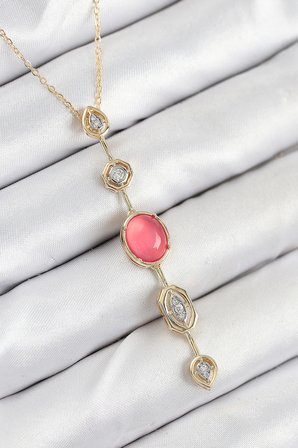 Pirinç Zincir Pembe Gold Renk Zirkon Taşlı Y Kolye TJ-BKO10556