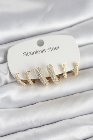 316L Çelik Gold Renk 6'lı Set Zirkon Taşlı Halka Model Kadın Küpe - TJ-BKP11753