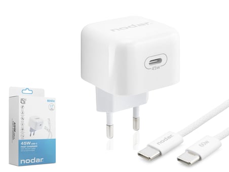 Type-c Hızlı Şarj Seti 45W Type-c Adaptörlü 1 M Örgülü Kablolu Beyaz ND1014