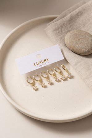 Yıldız Zirkon Taşlı Gold Renk Pirinç Set Küpe TJ-BKP11992