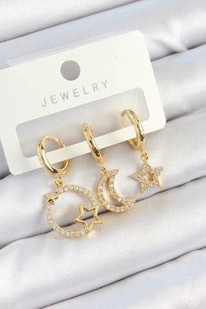 Pirinç Zirkon Taşlı Yıldız Ve Ay Model Gold Renk 3'lü Kadın Küpe Set TJ-BKP10819