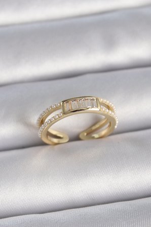 Pirinç Gold Renk Ayarlanabilir Sıralı İncili Zirkon Taş Detaylı Kadın Yüzük TJ-BYK3380