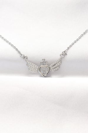 316L Çelik Silver Renk Zirkon Taşlı Kalpli Kanat Kolye TJ-BKO8515
