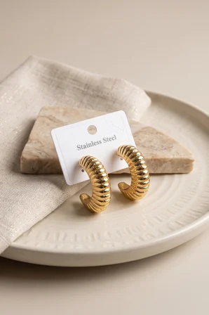 316L Çelik Gold Renk Bombeli Kroasan Model Küpe TJ-BKP12047