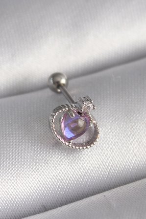 316L Çelik Gümüş Renk Mor Mineli Kalp Zirkon Taş Detay Tragus Piercing TJ-PR1273