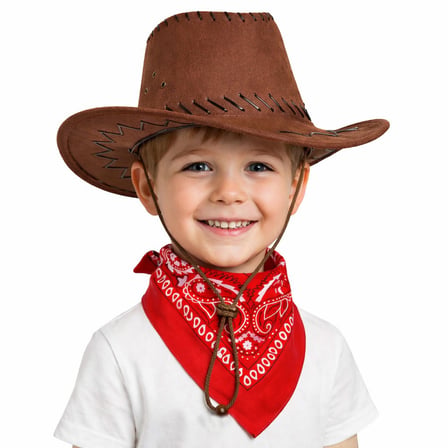 Çocuk Kovboy Şapka Kahverengi &amp; Kırmızı Bandana Fular Seti