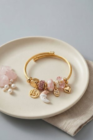 Ay ve Kalp Pembe Charmlı Kadın Bileklik TJ-BB8755