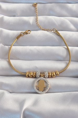 316L Çelik Gold Renk Zirkon Taş Aksesuarlı Fatma Ana Eli Bileklik TJ-BB6233