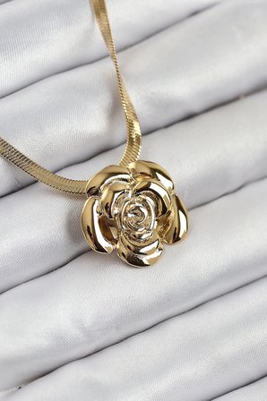 316L Çelik Gül Figürlü İtalyan Zincir Model Gold Renk Kadın Kolye TJ-BKO10513