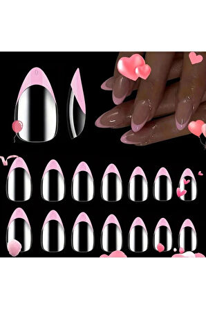  Takma Tırnak Seti & Zararsız Yapıştırıcı 24'Lü  Pembe/Şeffaf Uçlu Orta Badem Tasarım