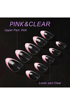  Takma Tırnak Seti & Zararsız Yapıştırıcı 24'Lü  Pembe/Şeffaf Uçlu Orta Badem Tasarım