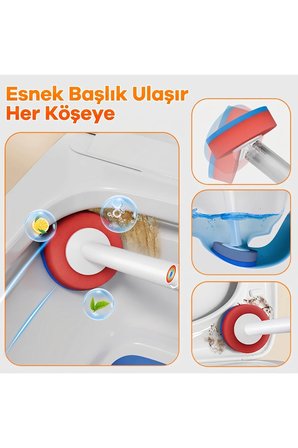 Tuvalet Fırçası Seti Otomatik Kapak Braket Duvara Monte | Şeffaf Hazneli Tek Kullanımlık WC Klozet Esnek Başlık Uzun Sap