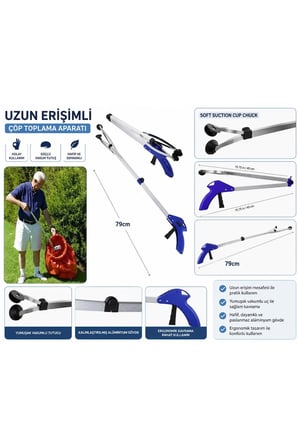 Katlanır Çubuk Atık Maske Yaprak Izmarit Tüm Çöp Toplama Aparatı Kıskacı 80cm