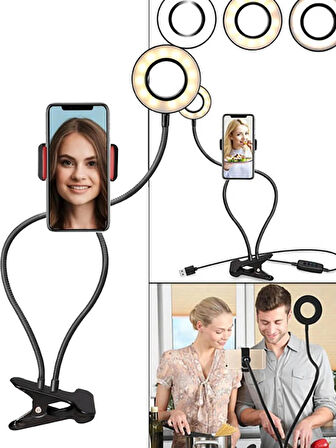 3 Renk Led Çalışma Okuma Işığı Kademeli Masa Lambası Ayarlanabilir Renk Ve Parlaklık Telefon Tutucu