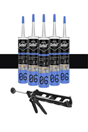 Selsil Nötr Cephe Silikonu 300 Ml Siyah (5 Adet), Plastik Tabanca