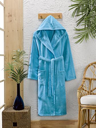 Pamuklu  Kadife Kapüşonlu Unisex Mürdüm Bornoz