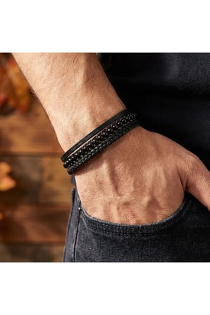 Parlak Oniks Taşlı 316L Çelik Kilitli Çok Katmanlı Örgü Deri Erkek Bileklik 42272B