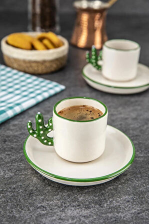 El Yapımı Kaktüs 2 Kişilik Kahve Seti, 2'Li Espresso ve Türk Kahvesi Fincanı