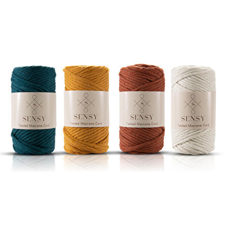 SENSY Premium Taranan Makrome Makrame Hobi İpi 4lü Set Yeşil - Hardal - Kiremit - Ekru