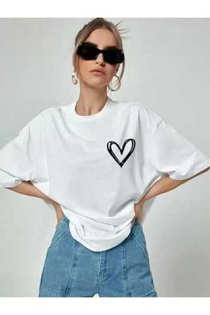 Kadın Bisiklet Yaka Baskılı Oversize T-Shirt - Beyaz