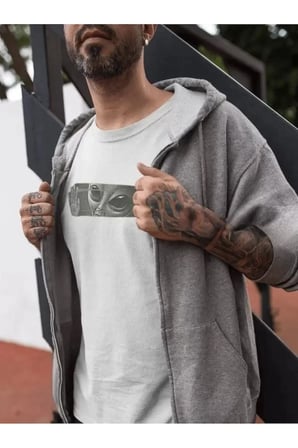 Unisex Bisiklet Yaka Baskılı Oversize T-Shirt - Beyaz