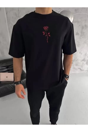 Unisex Bisiklet Yaka Baskılı Oversize T-Shirt - Siyah