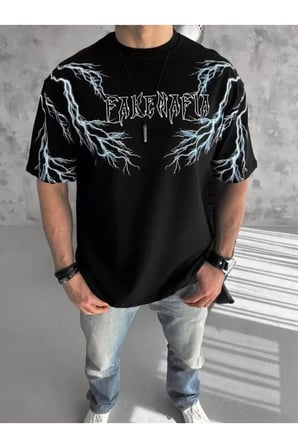 Unisex Bisiklet Yaka Baskılı Oversize T-Shirt-Siyah