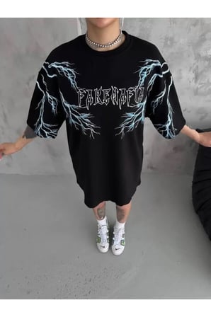 Unisex Bisiklet Yaka Baskılı Oversize T-Shirt - Siyah