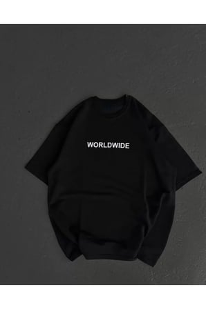 Unisex Bisiklet Yaka Baskılı Oversize T-Shirt - Siyah