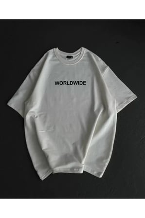 Unisex Bisiklet Yaka Baskılı Oversize T-Shirt - Beyaz