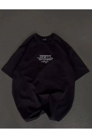 Unisex Bisiklet Yaka Baskılı Oversize T-Shirt - Siyah