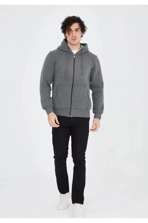 Unisex Tam Fermuarlı Kapşonlu SweatShirt - Füme