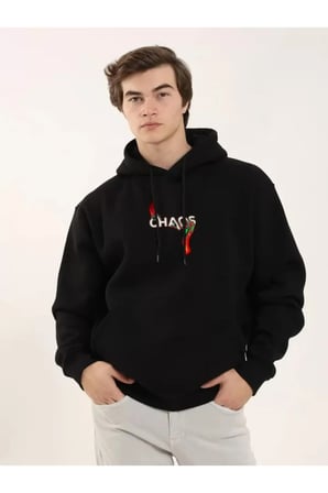 Unisex Baskılı Oversize Üç İplik Kapüşonlu Sweatshirt - Siyah