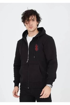 Unisex Baskılı Tam Fermuarlı Kapşonlu SweatShirt - Siyah