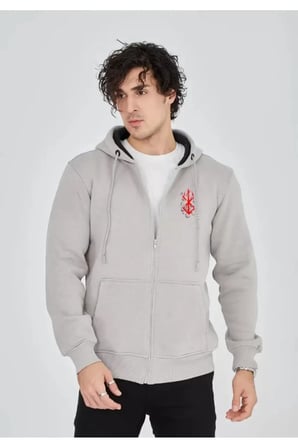Unisex Baskılı Tam Fermuarlı Kapşonlu SweatShirt - Boyalı Gri