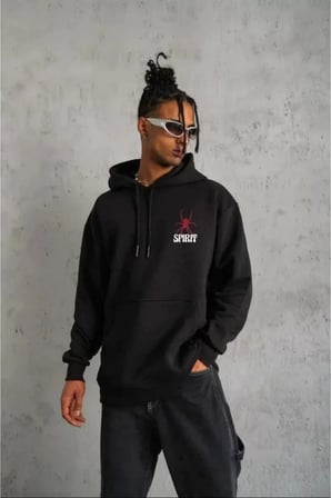 Unisex Kapşonlu Baskılı Sweetshirt Sweatshirt - Siyah