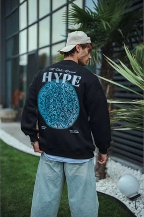 Erkek Üç İplik Bisiklet Yaka Baskılı SweatShirt - Siyah