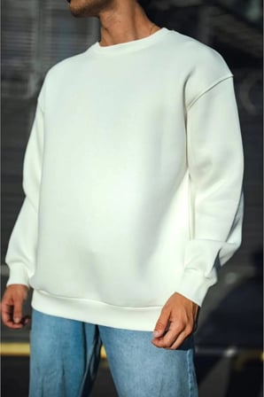 Erkek Kışlık Bisiklet Yaka Üç İplik Basic SweatShirt - Beyaz