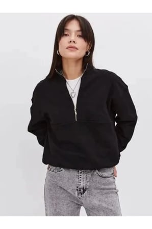 Kadın Oversize Yarım Farmuarlı Yakalı Basic SweatShirt - Siyah