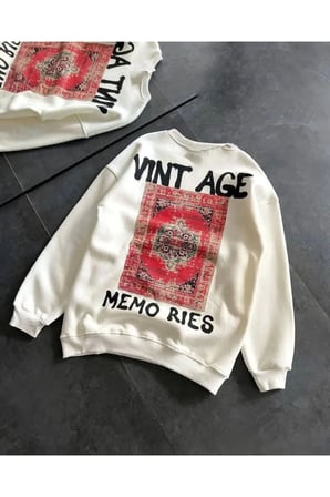 Kadın Bisiklet Yaka Üç İplik Baskılı Oversize SweatShirt - Beyaz