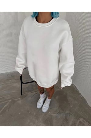 Kadın Kışlık Bisiklet Yaka Üç İplik Basic SweatShirt - Beyaz