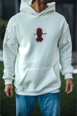 Erkek Üç İplik Kapşonlu Baskılı Oversize SweatShirt- Beyaz