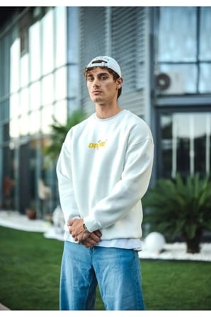 Erkek Kışlık Bisiklet Yaka Baskılı SweatShirt - Beyaz