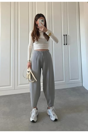 Kadın Krep Kumaş Balon Pantolon - Gri