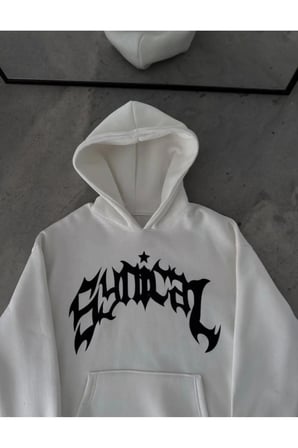 Kadın Üç İplik Kapşonlu Baskılı Oversize SweatShirt- Beyaz