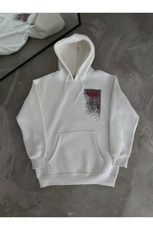 Erkek Uzun Kol Kapşonlu Ön Ve Arka Baskılı SweatShirt - Beyaz