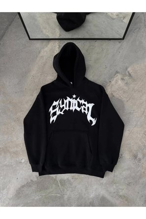 Erkek Kışlık Kapşonlu Baskılı Oversize SweatShirt- Siyah